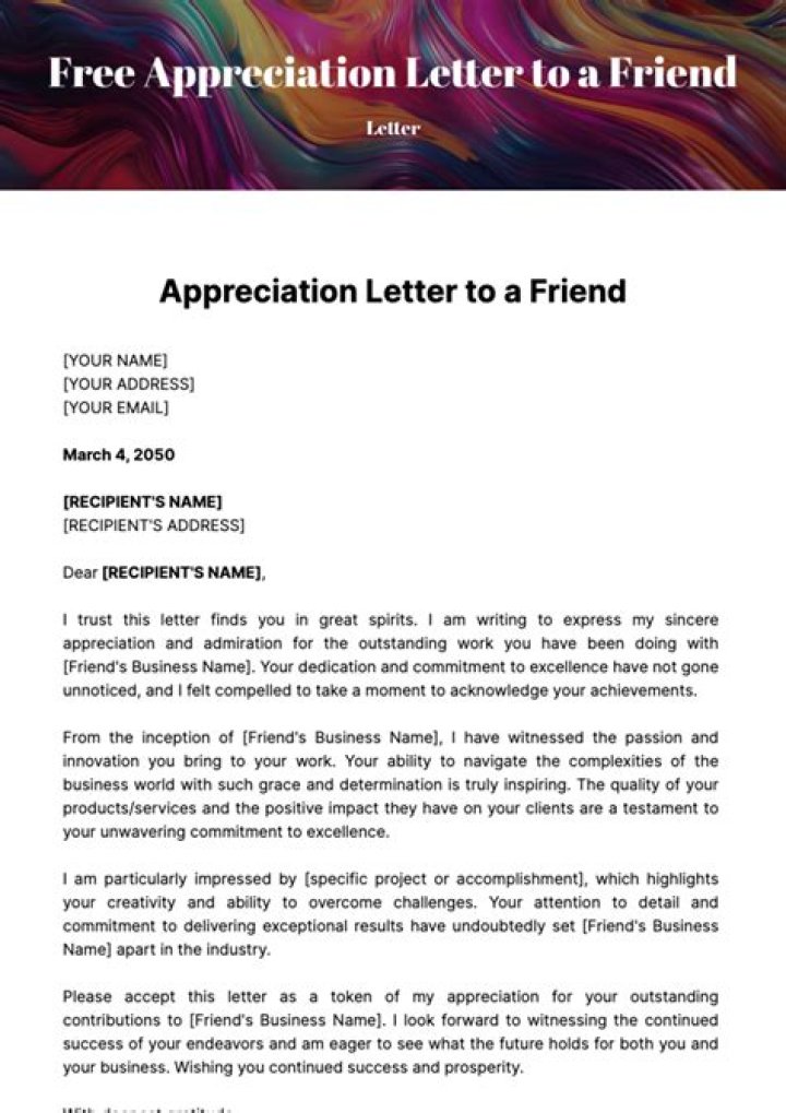 Appreciation Letter Template to Friend Format, Sample & Example