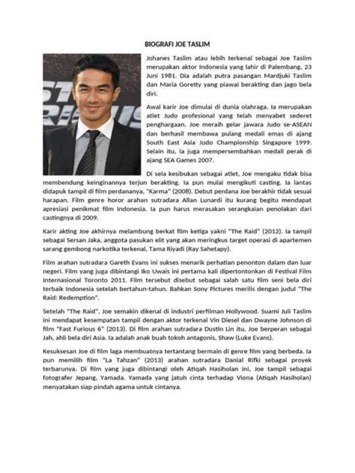 Biografi Joe Taslim Dalam Bahasa Inggris Ilustrasi