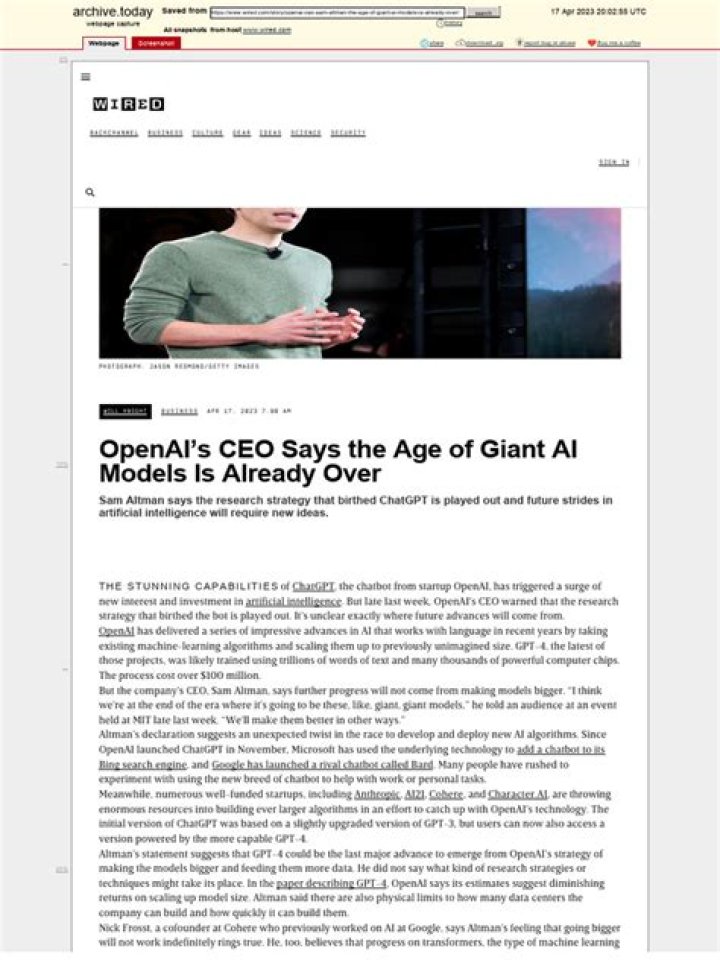 OpenAI&rsquo;s CEO Says the Age of Giant AI Models Is Already Over