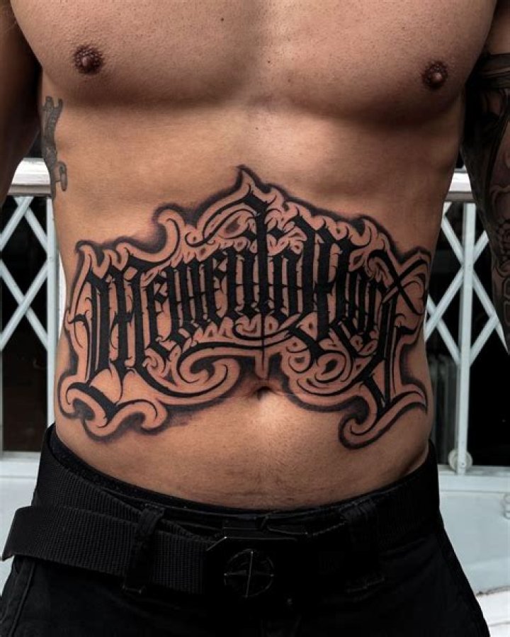 Relentless, belly / stomach lettering tattoo Big Meas bigmeas Stomach